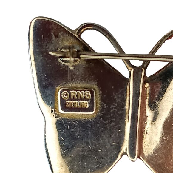 VTG Sterling Silver Butterfly Brooch Pin 3D Design Textured Wings Marked RNS 1x1 - Picture 7 of 10